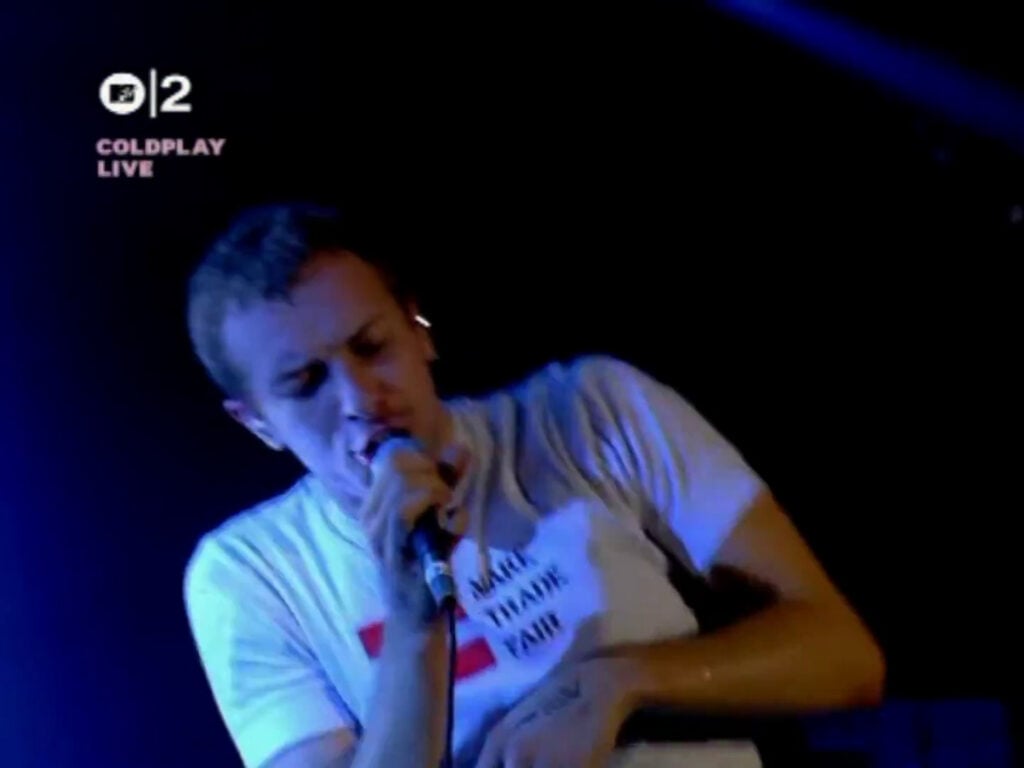 Coldplay | Chris Martin Stage-Worn, Customized & Band-Signed "Make Trade Fair" T-Shirt (2002-2004)