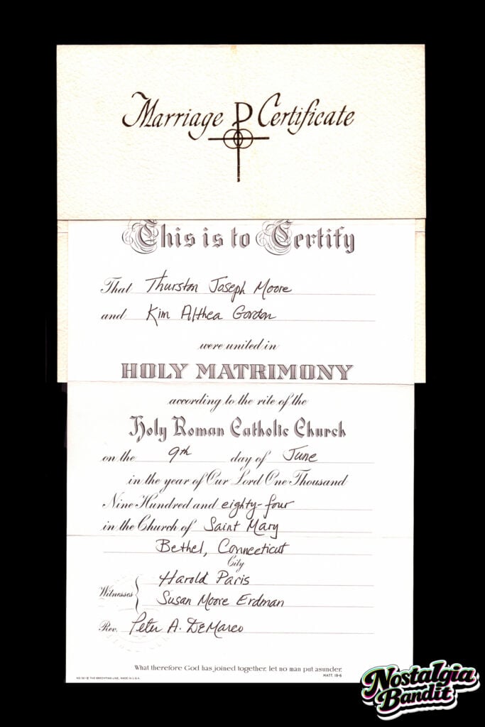 Sonic Youth | Thurston Moore & Kim Gordon Original Marriage Certificate (1984)