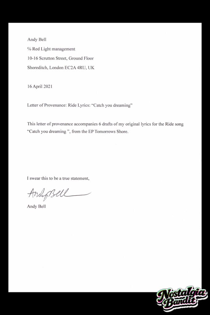 Ride | Andy Bell Original Handwritten & Annotated Draft Lyrics "Catch You Dreaming" (c.2017-2021)