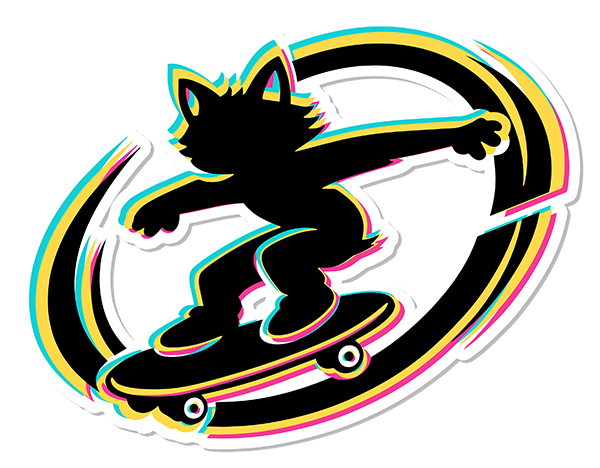 Mascot Icon of a anthropomorphic pomsky on a skateboard coming through a time/space portal. Silhouette only in black with yellow, pink and teal anaglyph highlights.