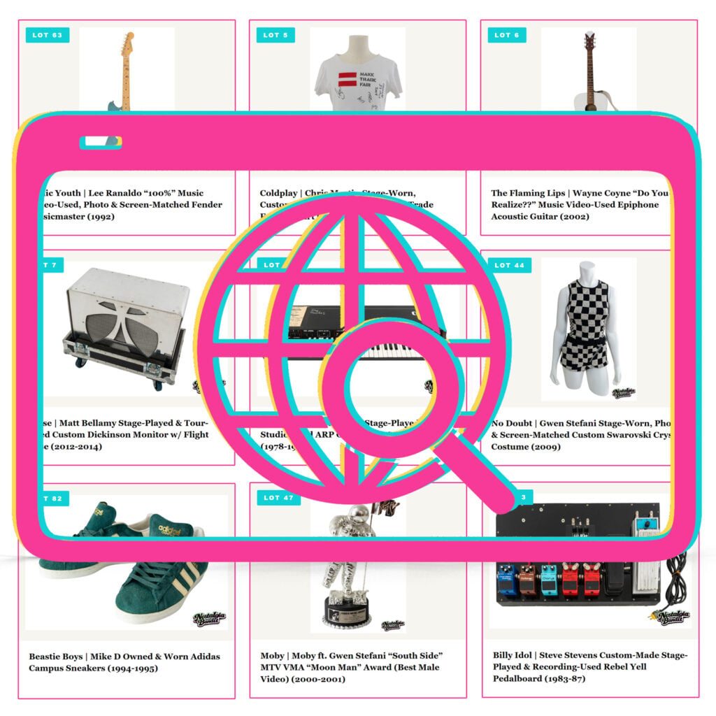 An auction gallery with search iconography overlaid