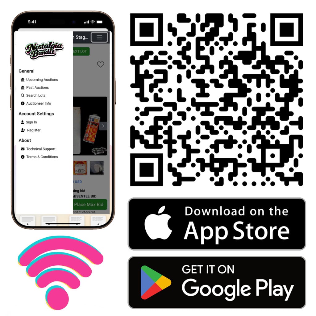 A QR Code with logos for the Apple App Store and Goole Play App Store, an iPhone displaying the Nostalgia Bandit app and a WiFi signal symbol