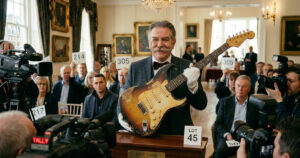 A formally dressed auction-house representative in a bow tie and white cotton gloves presenting a beat-up vintage Fender Stratocaster guitar to a row of press cameras at a traditional auction house, with bidders in the background holding numbered paddles.