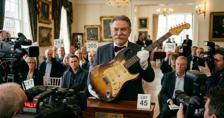 A formally dressed auction-house representative in a bow tie and white cotton gloves presenting a beat-up vintage Fender Stratocaster guitar to a row of press cameras at a traditional auction house, with bidders in the background holding numbered paddles.